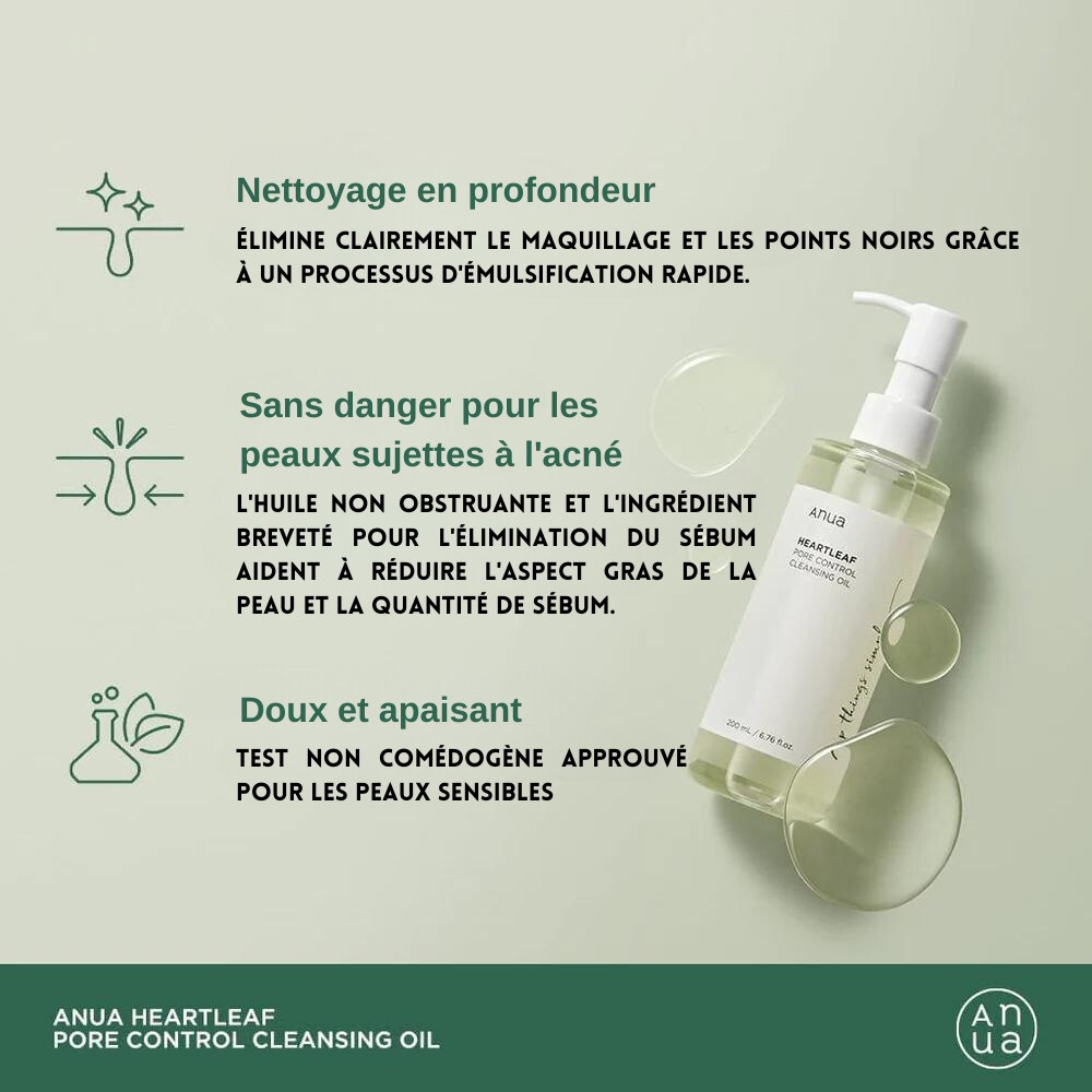 Anua- Heartleaf Pore Control Cleansing Oil - Huile nettoyante démaquillante