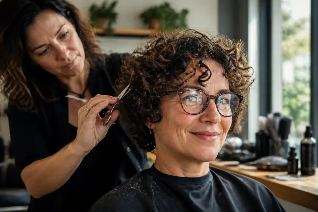 Coupe de cheveux frisés femme 50 ans avec lunettes : nos conseils