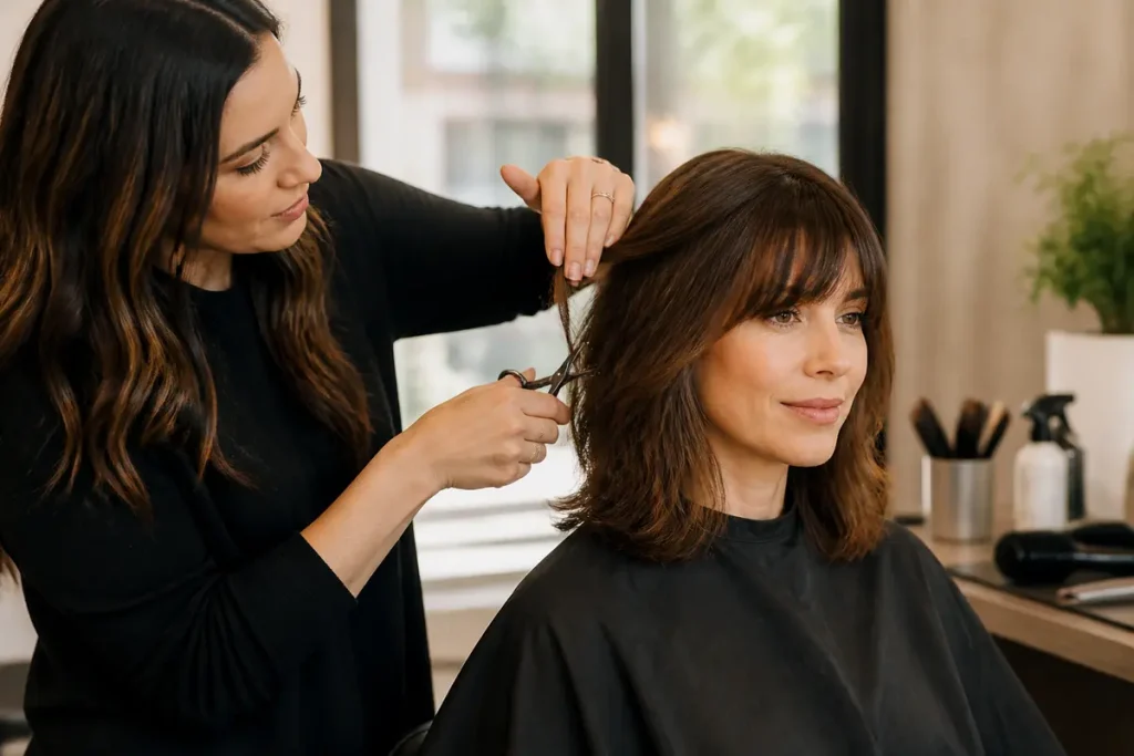 Découvrez la coupe cheveux mi long dégradé effilé avec frange 60 ans idéale
